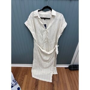 Universal‎ Thread Cream Stripe Button Front Wrap Midi Dress Shirt XL